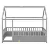 Twin Size Floor Wooden Bed with House Roof Frame Fence Guardrails Grey - V.I.P Digital Presence