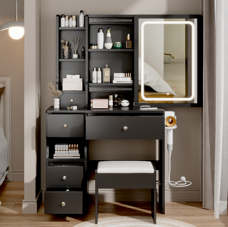 Left drawer desktop vanity+cushioned stool, 2 AC+2 USB power stations, touch sliding LED mirror, tri color switch - V.I.P Digital Presence