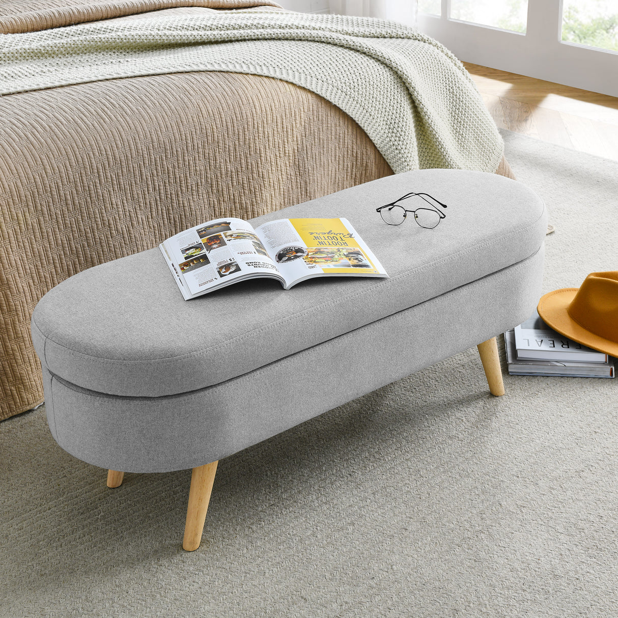 Ottoman Oval Storage Bench Rubber Wood Legs Grey(43.5"x16"x16")