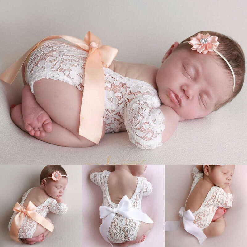 Newborn Baby Photography Props Clothes Bodysuits Cute Lovely Lace Bow Toddler Baby Photo Clothing+Hair Band 2Pcs Set Costumes - V.I.P Digital Presence