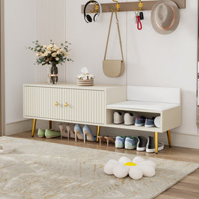 Modern Shoe Storage Bench with Hidden Storage and Upholstered Cushions for Bedside, Living Room and Entryway ((Antique White) - V.I.P Digital Presence
