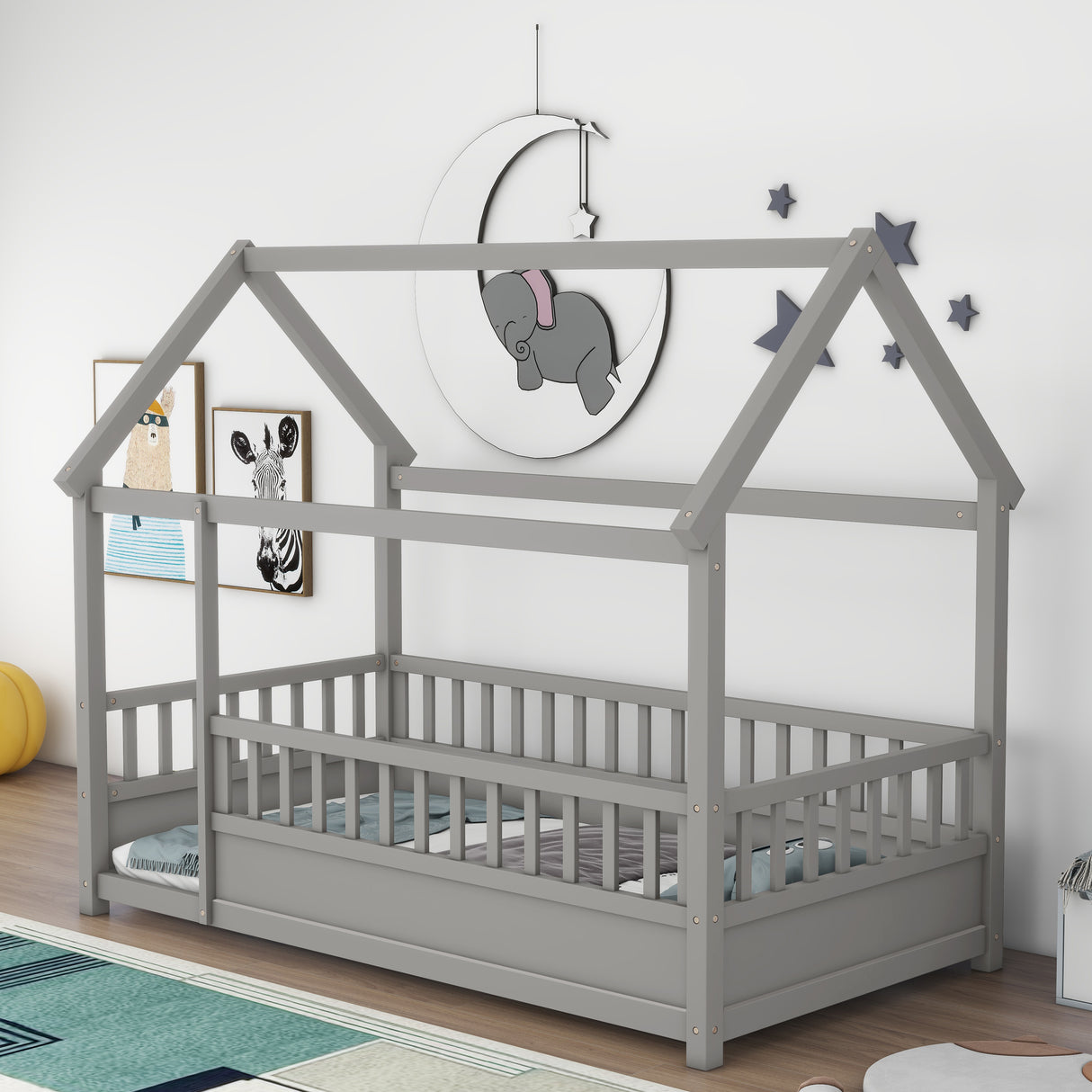 Twin Size Floor Wooden Bed with House Roof Frame Fence Guardrails Grey - V.I.P Digital Presence