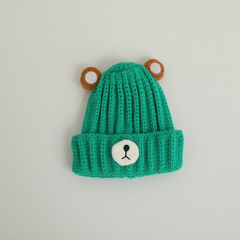 Gorro de punto cálido para niños de otoño e invierno, bonito gorro de lana de color caramelo con forma de oso, gorro cálido coreano para bebés, para hombres y mujeres, tendencia
