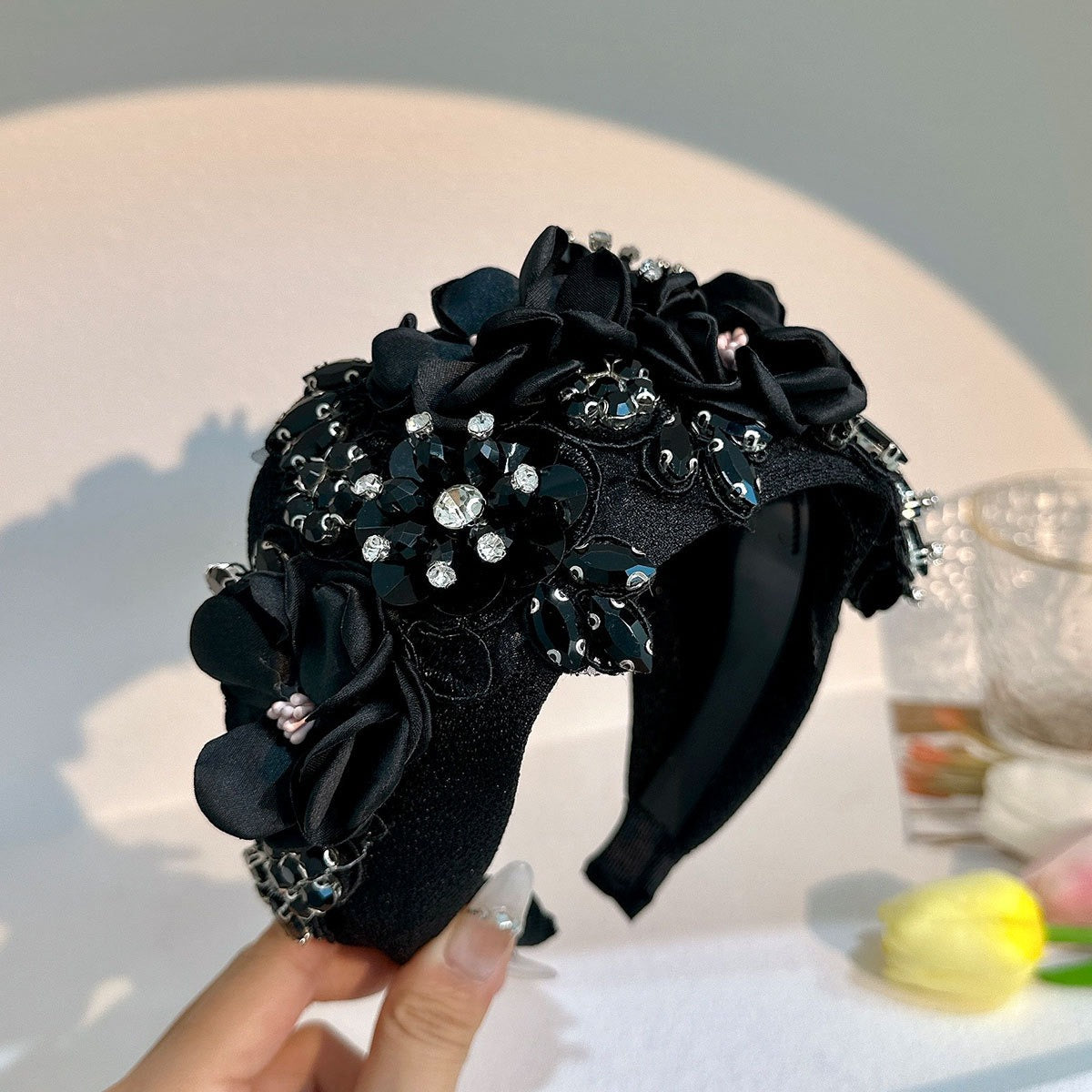 Fashionable solid color fabric flower oversized wide edged crystal headband - V.I.P Digital Presence