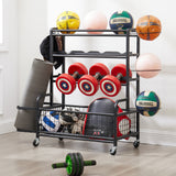 Four layer metal storage rack, large ball storage rack with rollers, baskets, and hooks - V.I.P Digital Presence
