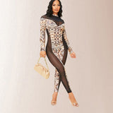 Women's Long Sleeve Spliced Jumpsuit Print Sheer Mesh Slimming Jumpsuit - V.I.P Digital Presence