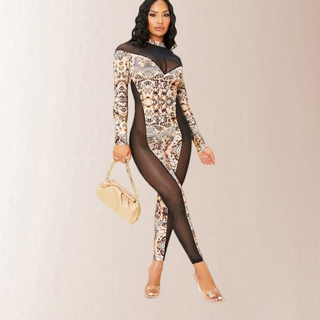 Women's Long Sleeve Spliced Jumpsuit Print Sheer Mesh Slimming Jumpsuit - V.I.P Digital Presence