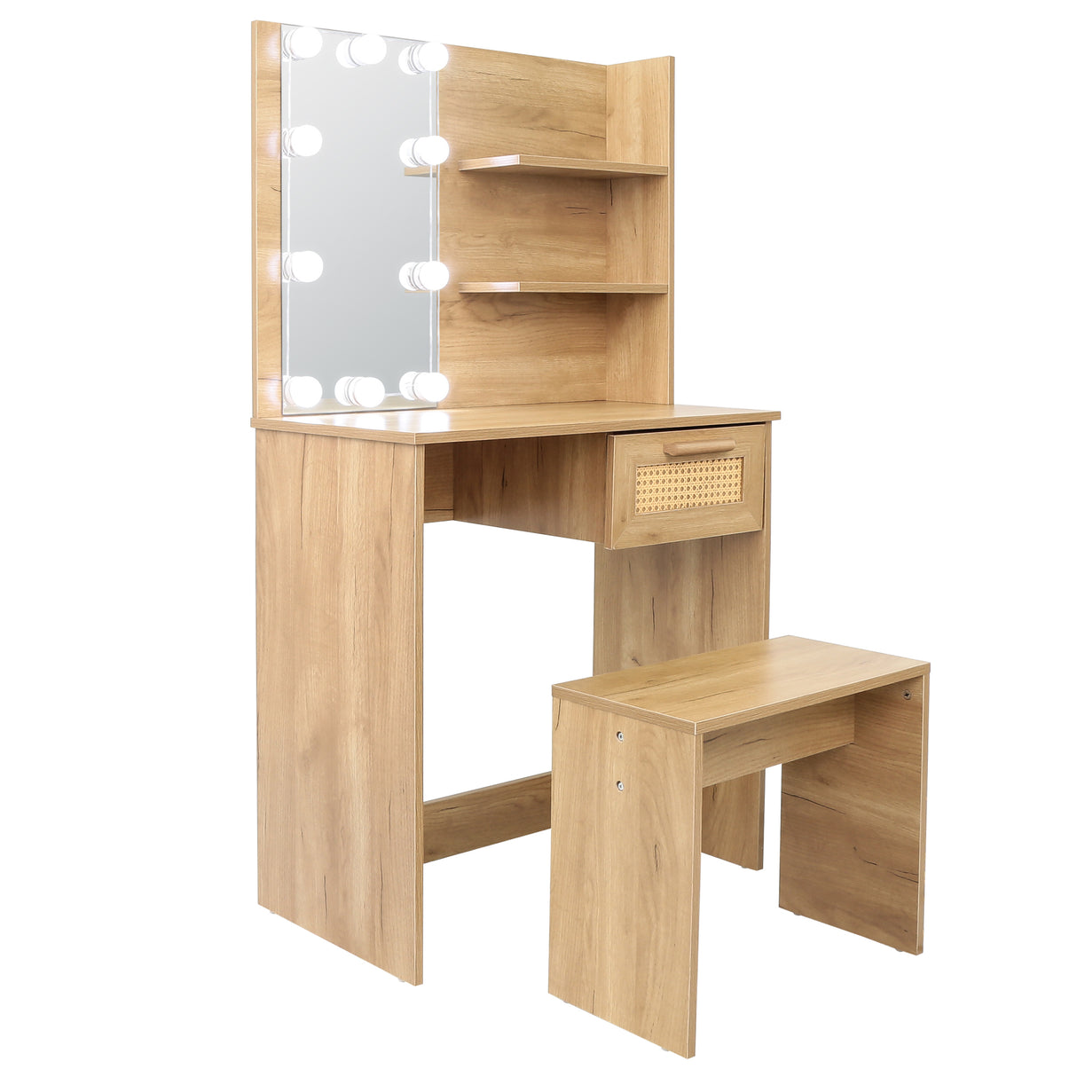 Vanity Desk Set Stool & Dressing Table with LED Lighting Mirror Drawer and Wood Cosmetic Table Chest of Drawers Nature Color - V.I.P Digital Presence