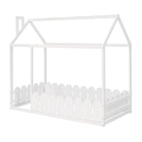 {Slats are not included}Twin Size Wood Bed House Bed Frame with Fence for KidsTeens Girls Boys {White}