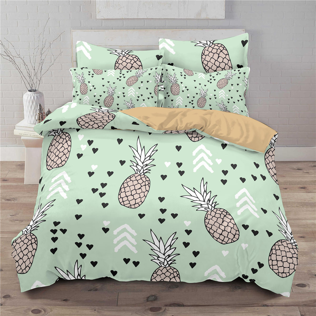 Funda de cama europea y americana de tres piezas impresa en 3D con una pequeña piña fresca 