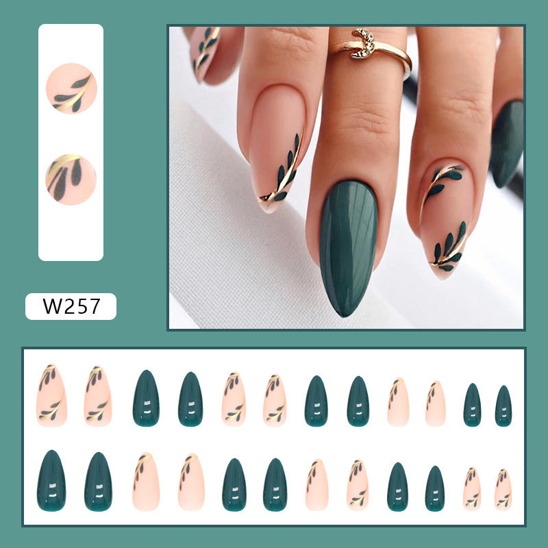 Almond Fake Nails with Green Leaves Design Elliptic Acrylic False Nails Wearable French Press on Nail Manicure Tips - V.I.P Digital Presence
