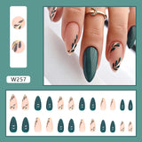 Almond Fake Nails with Green Leaves Design Elliptic Acrylic False Nails Wearable French Press on Nail Manicure Tips - V.I.P Digital Presence