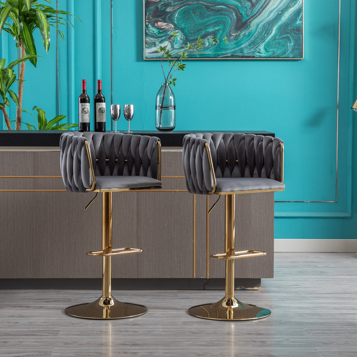 Set of 2 Bar Stools with Chrome Footrest and Base Swivel Height Velvet ...