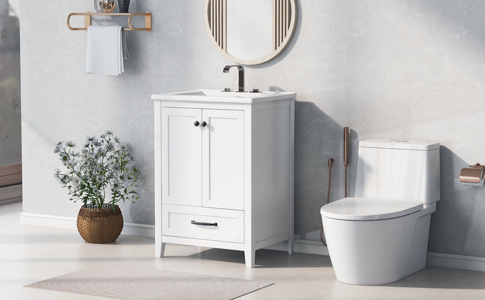 24" Bathroom Vanity with Sink, Bathroom Vanity Cabinet with One Drawer and Doors, Solid Wood and MDF, White - V.I.P Digital Presence