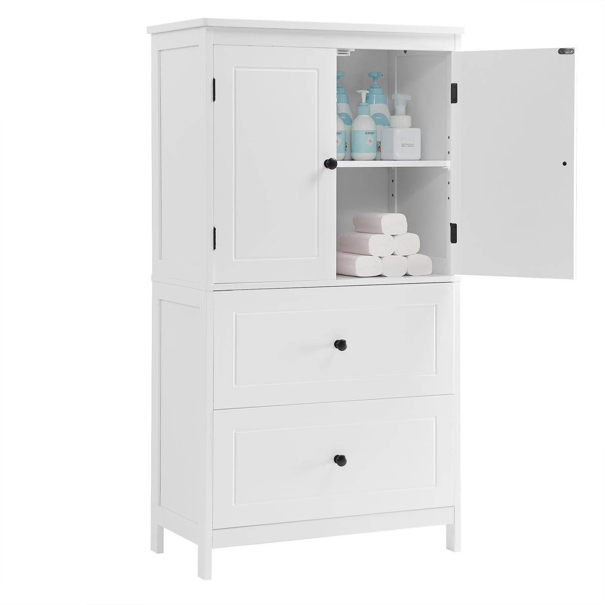 Bathroom Storage Cabinet, Cabinet with Two Doors and Drawers, Adjustable Shelf, MDF Board, White - V.I.P Digital Presence