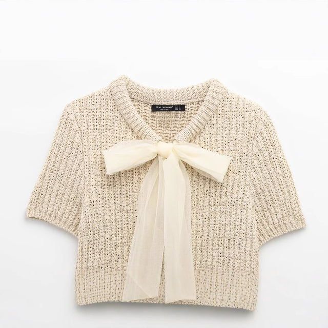 Fashionable transparent stiff yarn bow decoration knitted jacket - V.I.P Digital Presence