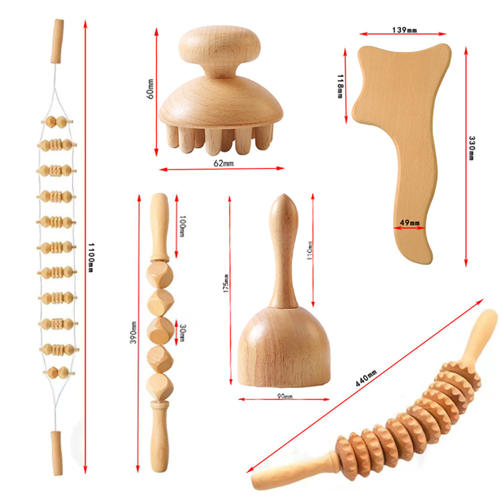 Beech wood therapy scraping cup, meridian dredging roller, tendon rolling stick, scraping board, head massager, massage set - V.I.P Digital Presence