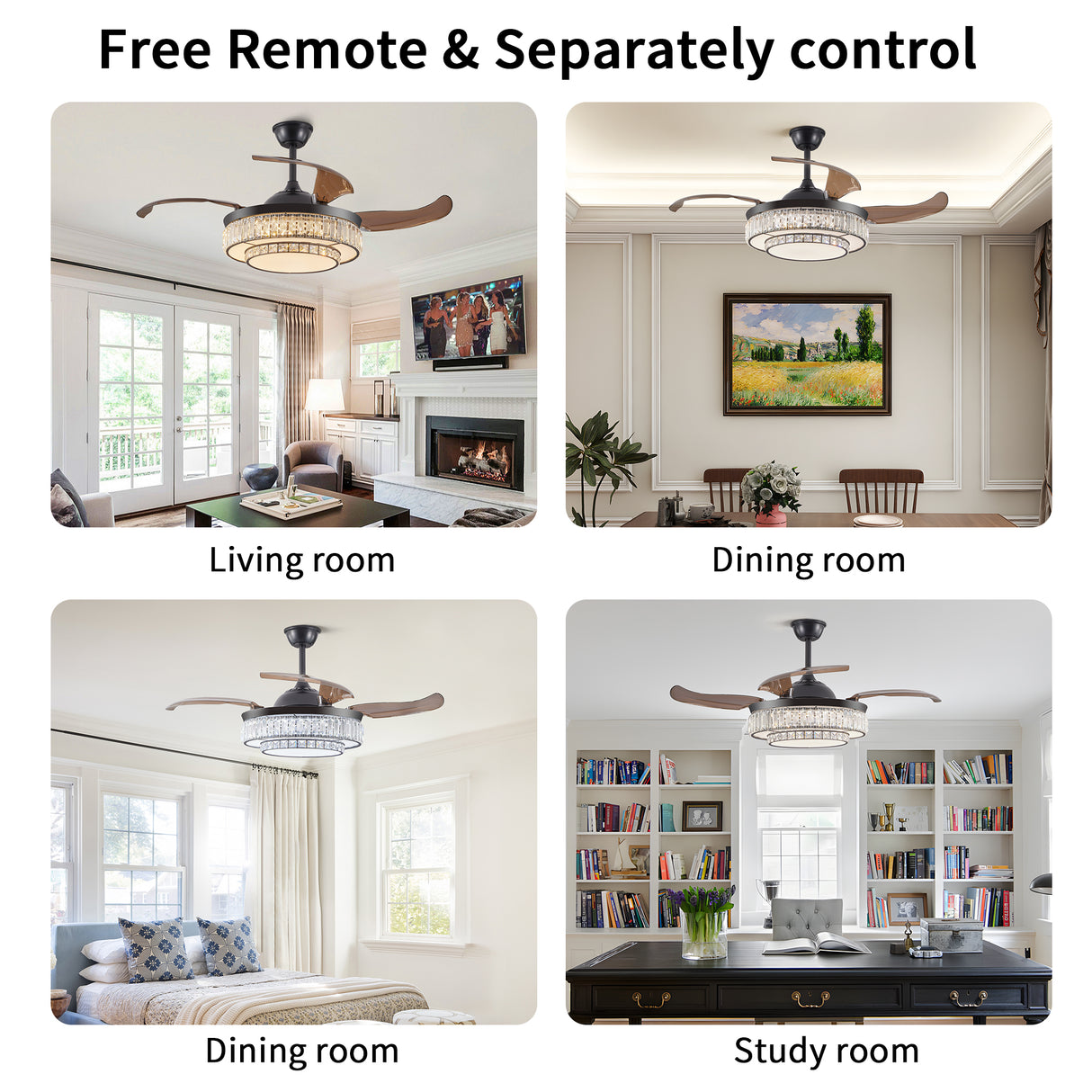 Modern LED retractable ceiling fan with lighting and remote control, silent reversible motor, 4-blade modern ceiling fan - V.I.P Digital Presence