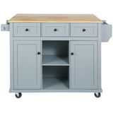 Kitchen handcart with rubber wood leaf countertop, storage cabinet, shelf, and 3 dining room drawers, gray blue - V.I.P Digital Presence