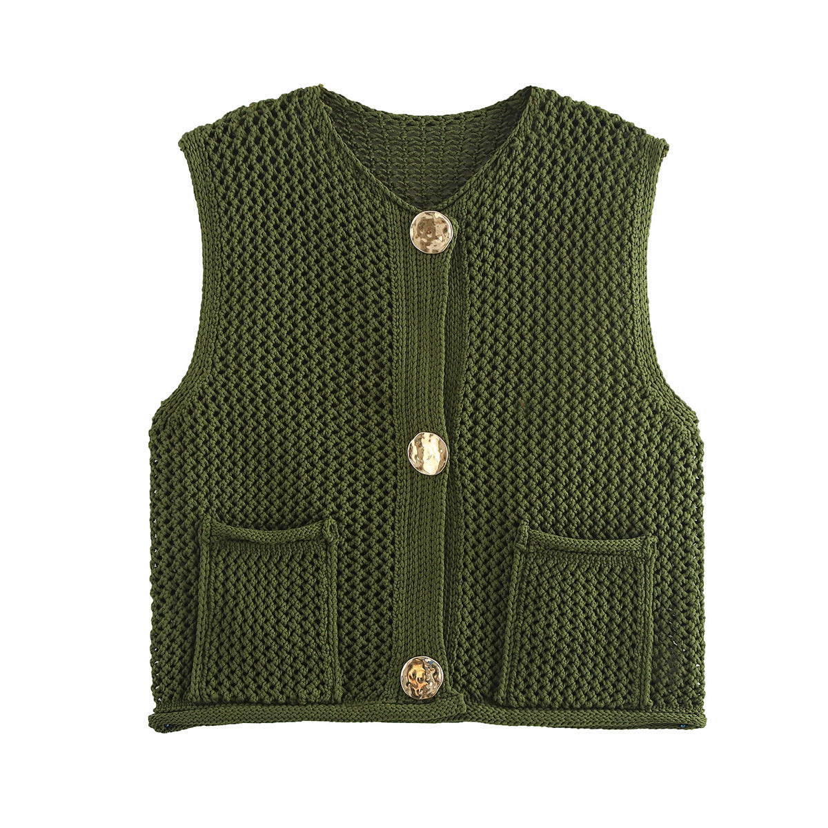 Street Fashion Crochet Hollow Vest Solid Color Versatile Round Neck Jacket - V.I.P Digital Presence