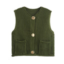 Street Fashion Crochet Hollow Vest Solid Color Versatile Round Neck Jacket - V.I.P Digital Presence