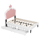 Twin cushion princess bed with crown headboard and 2 drawers with headboard and footrest, pink+white - V.I.P Digital Presence