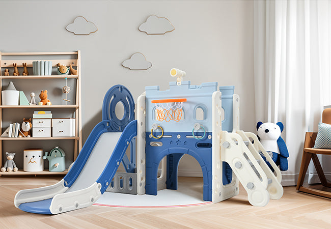 9-1 Toddler Slide Set,Kids Slide for Toddlers Ages 1+, Basketball Hoop, Tunnel and Storage Space, Pirate Ship Themed Slide - V.I.P Digital Presence