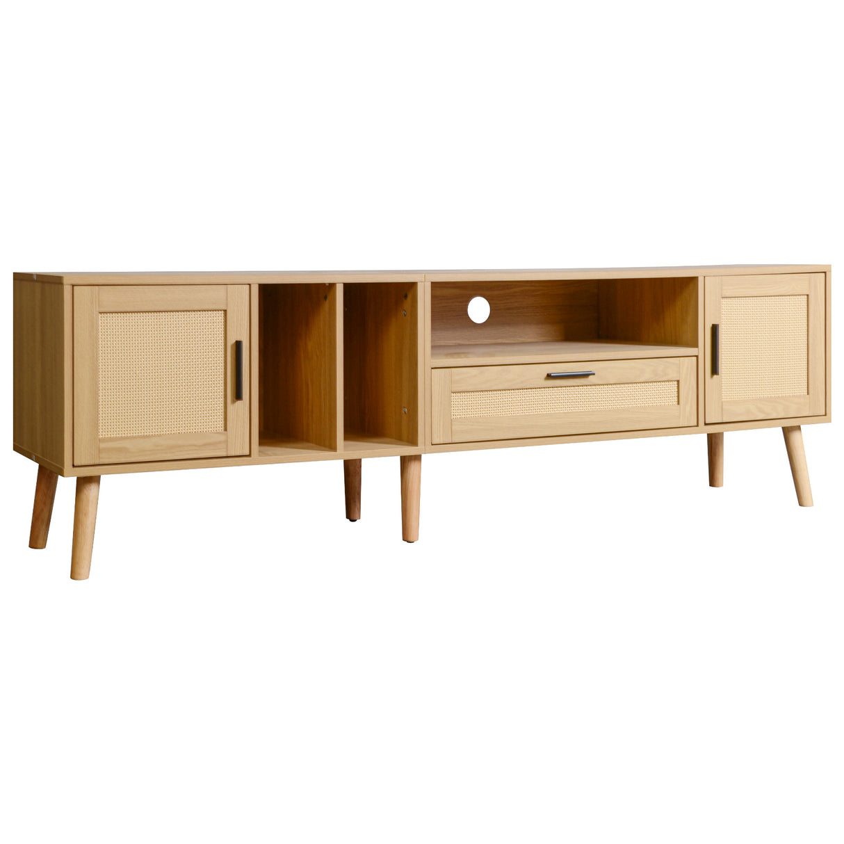 Vine TV stand with 2 cabinets and 2 open shelves, suitable for TVs under 80 inches, with solid wood legs for TV cabinets - V.I.P Digital Presence