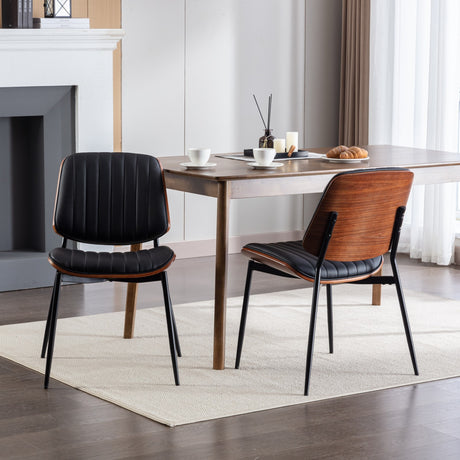 2-piece retro linen chair set with curved wooden backrest, cushioned seat, adjustable metal legs, (Black PU) - V.I.P Digital Presence