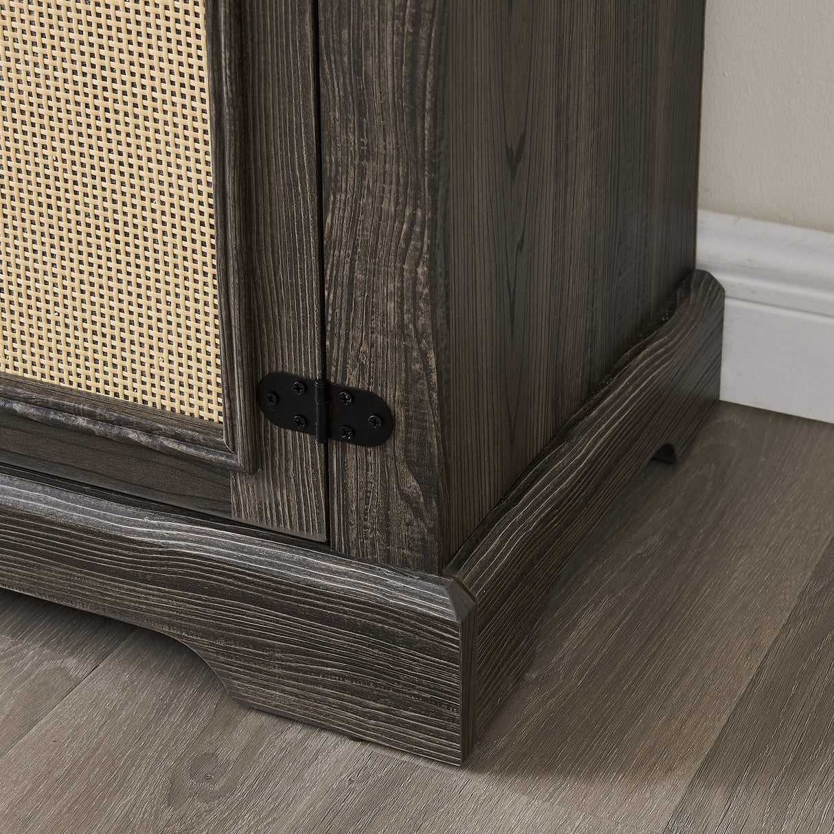 Vine TV stand console table, suitable for TVs under 70 inches, equipped with 2 storage shelves and 2 natural rattan doors, gray - V.I.P Digital Presence