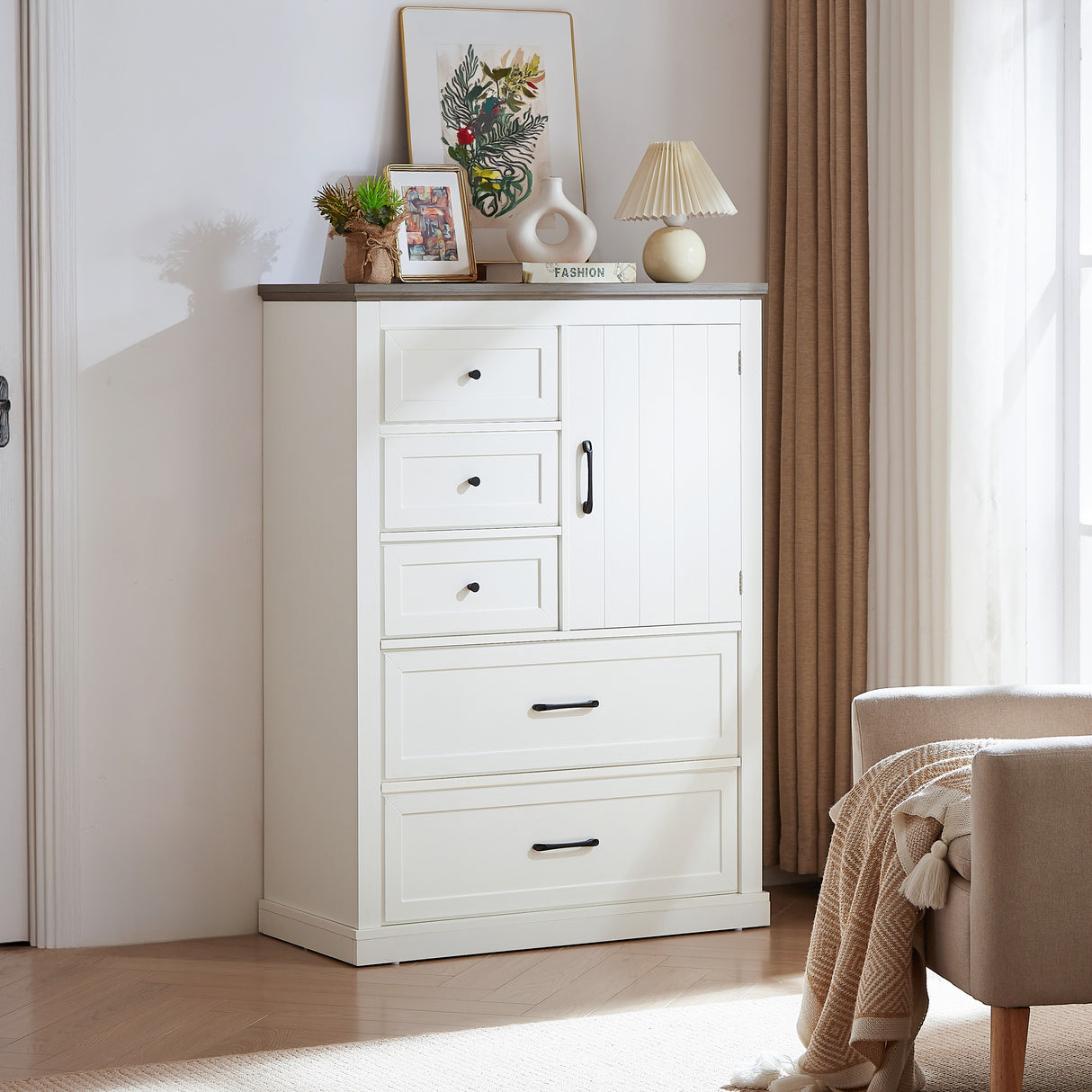 Farmhouse 5 drawer bedroom dressing table, high drawer cabinet white wooden bedroom dressing table. - V.I.P Digital Presence