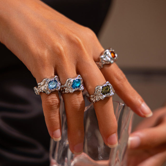 Sweet and cool retro inlaid gemstone pleated ring, personalized geometric alloy ring set - V.I.P Digital Presence