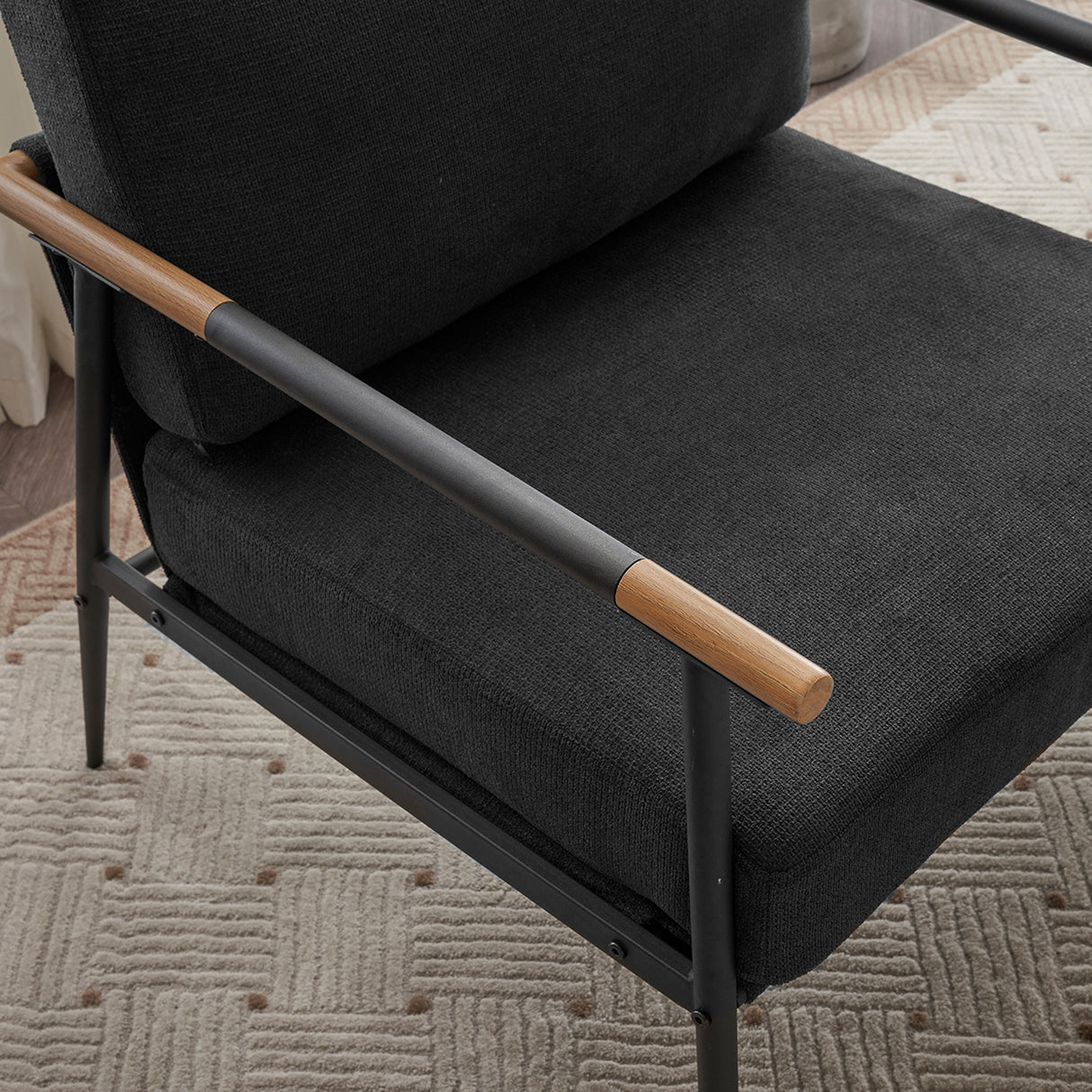 Leisure Lounge Chair Arm Chair with Metal Frame, Upholstered Side Chair Comfy Sitting Chair for Living Room, Black Chenille - V.I.P Digital Presence