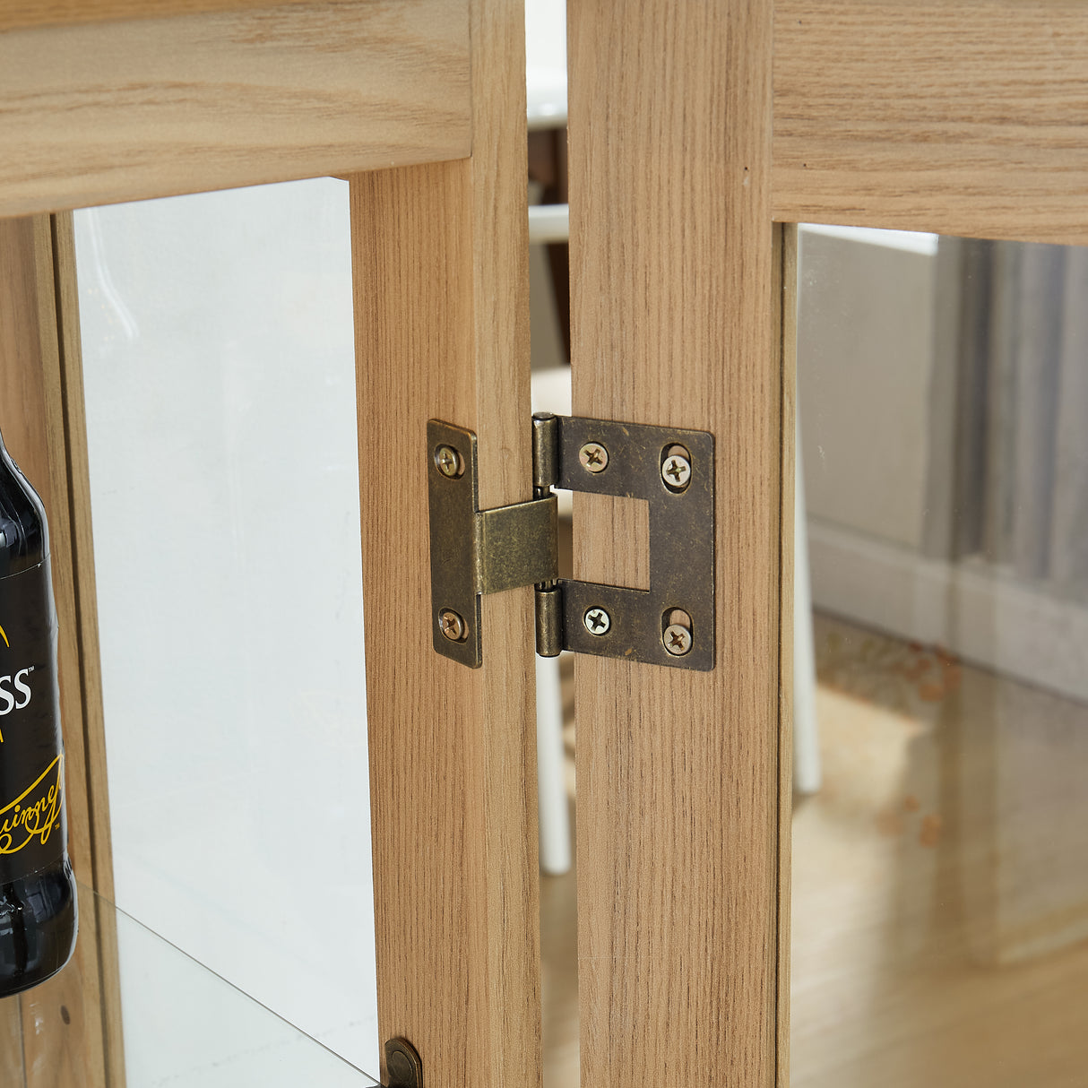 Light colored glass cabinet with adjustable glass frame, including cabinet light bulbs OAK with 2 doors and 1 drawer - V.I.P Digital Presence