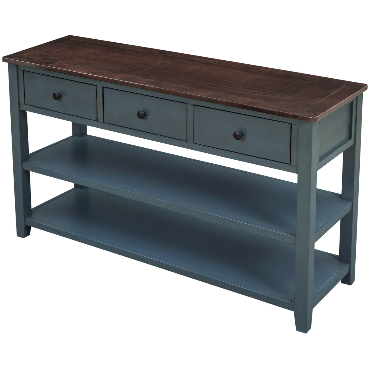 Retro Design Console Table with Two Open Shelves, Pine Solid Wood Frame and Legs for Living Room (Navy) - V.I.P Digital Presence