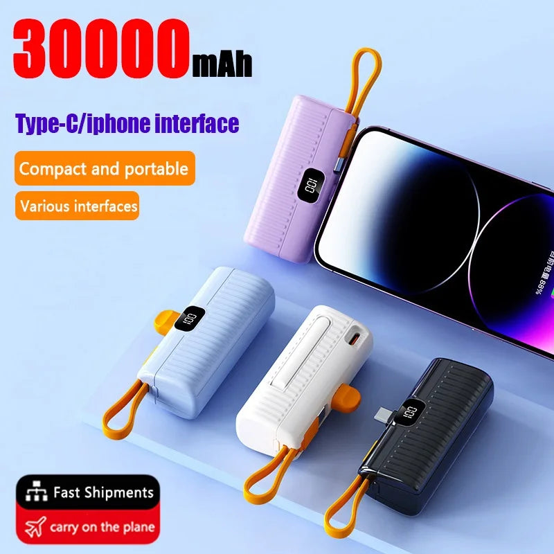 Mini banco de energía de 30000Mah, cable inalámbrico, Powerbank con pantalla digital, batería externa, cargador portátil para Iphone, Samsung, Xiaomi