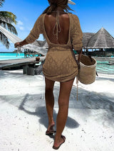 Backless Openwork Drawstring Round Neck Cover Up - V.I.P Digital Presence