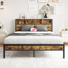 Queen Bed Frame with Storage Headboard Metal Platform Bed with Charging Station Bookcase Storage Black - V.I.P Digital Presence