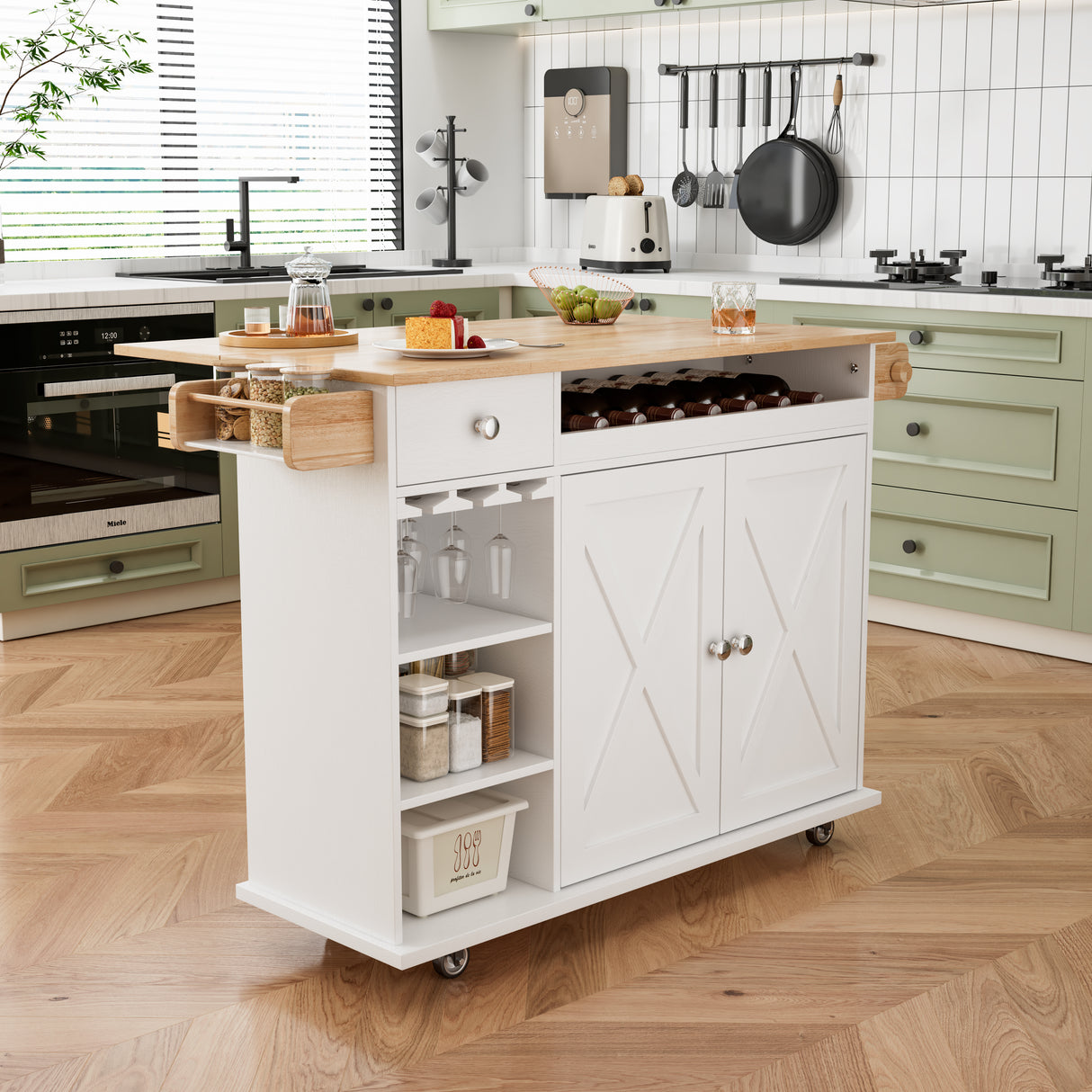 44 Inch Kitchen Island Cart with Solid Wood Top, Wine Storage, Spice Rack, Towel Rack, Wine Glass Holder White & Oak - V.I.P Digital Presence
