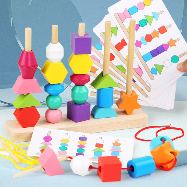 Wooden children's puzzle bead toys with five sets of column colors, sensory enlightenment, shape perception, and building block toys - V.I.P Digital Presence