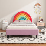 Rainbow Design Upholstered Twin Platform Bed Cute Style Princess Bed for Boys & Girls, Teens, Colorful & Pink - V.I.P Digital Presence