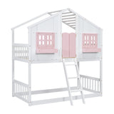 Twin over Twin House Bunk Bed with Roof , Window, Window Box, Door , with Safety Guardrails and Ladder, Pink/White - V.I.P Digital Presence