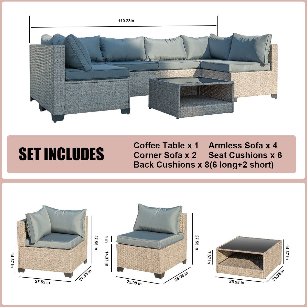 7-Piece Patio Furniture Set, All-Weather Boho Outdoor Conversation Set Sectional Sofa with Water Resistant Grey Thick Cushions - V.I.P Digital Presence