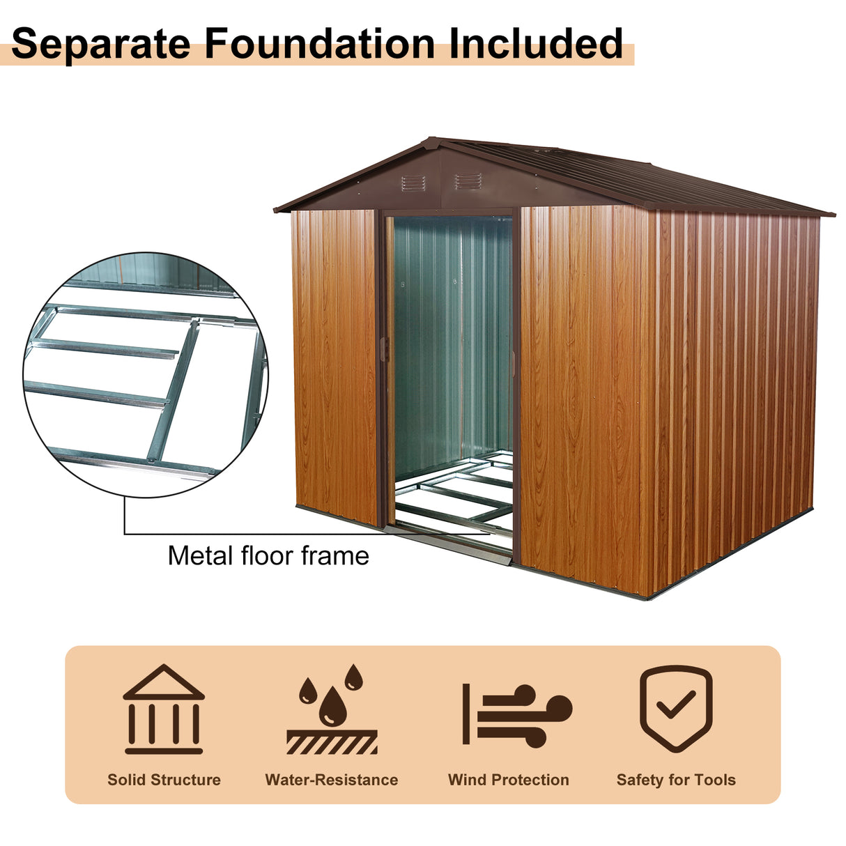 8ft x 6ft Outdoor Metal Storage Shed with Floor Base Coffee(W540S00014) - V.I.P Digital Presence