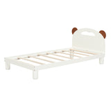 Twin Size Platform Bed with Bear Ears Shaped Headboard and LED Cream White