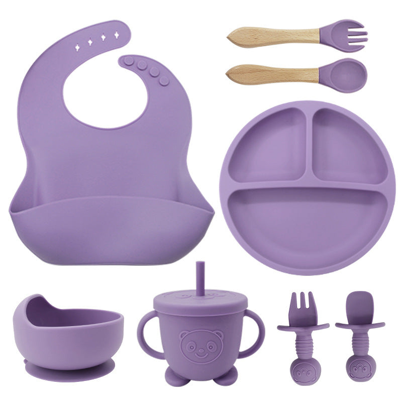 8PCS Mother and baby silicone bibs, silicone dinner plates, eight-piece set, baby food training suction cup bowl, baby divided tableware set - V.I.P Digital Presence