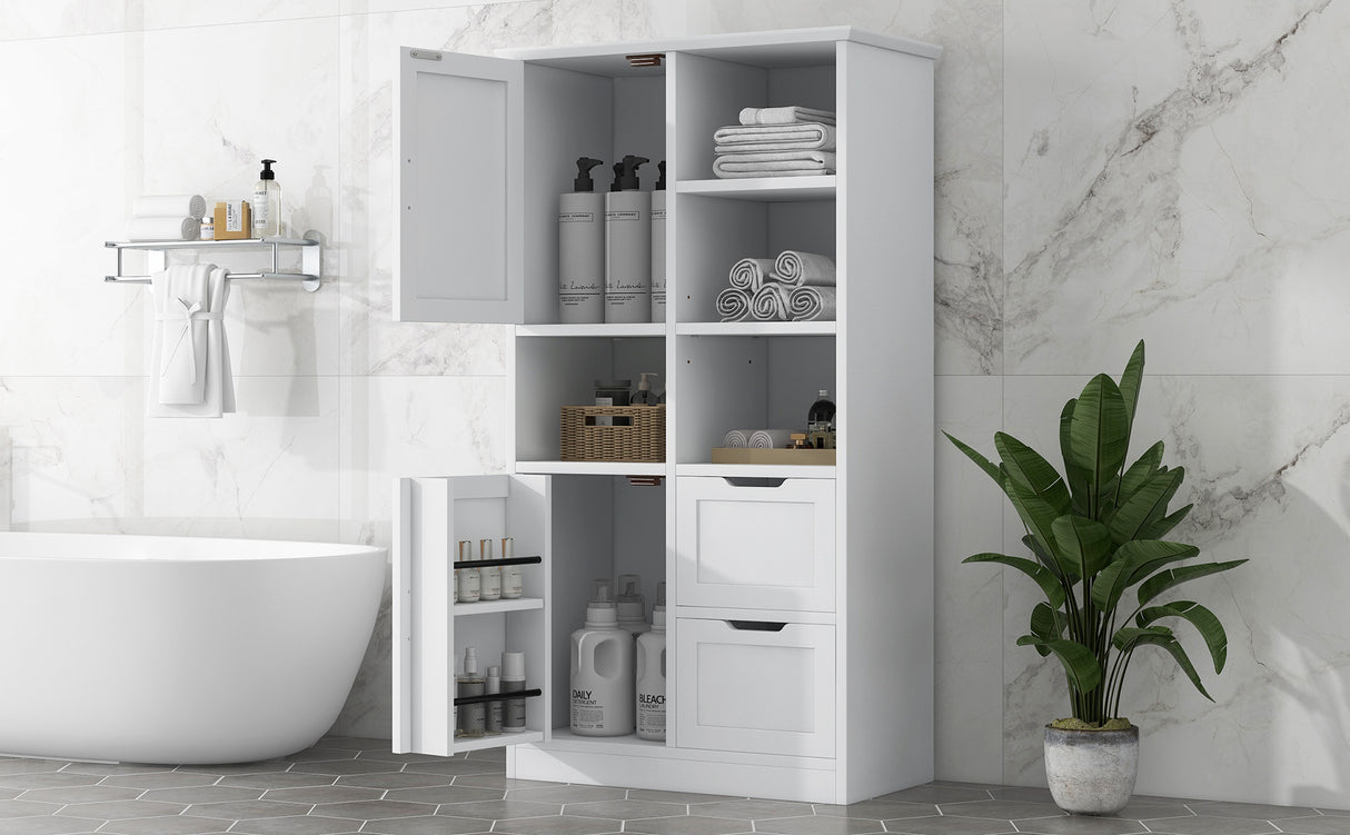 Bathroom storage cabinet with doors and drawers, multiple storage spaces, independent, open adjustable shelves, white - V.I.P Digital Presence