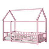 Twin Size Floor Wooden Bed with House Roof Frame, Fence Guardrails,Pink - V.I.P Digital Presence
