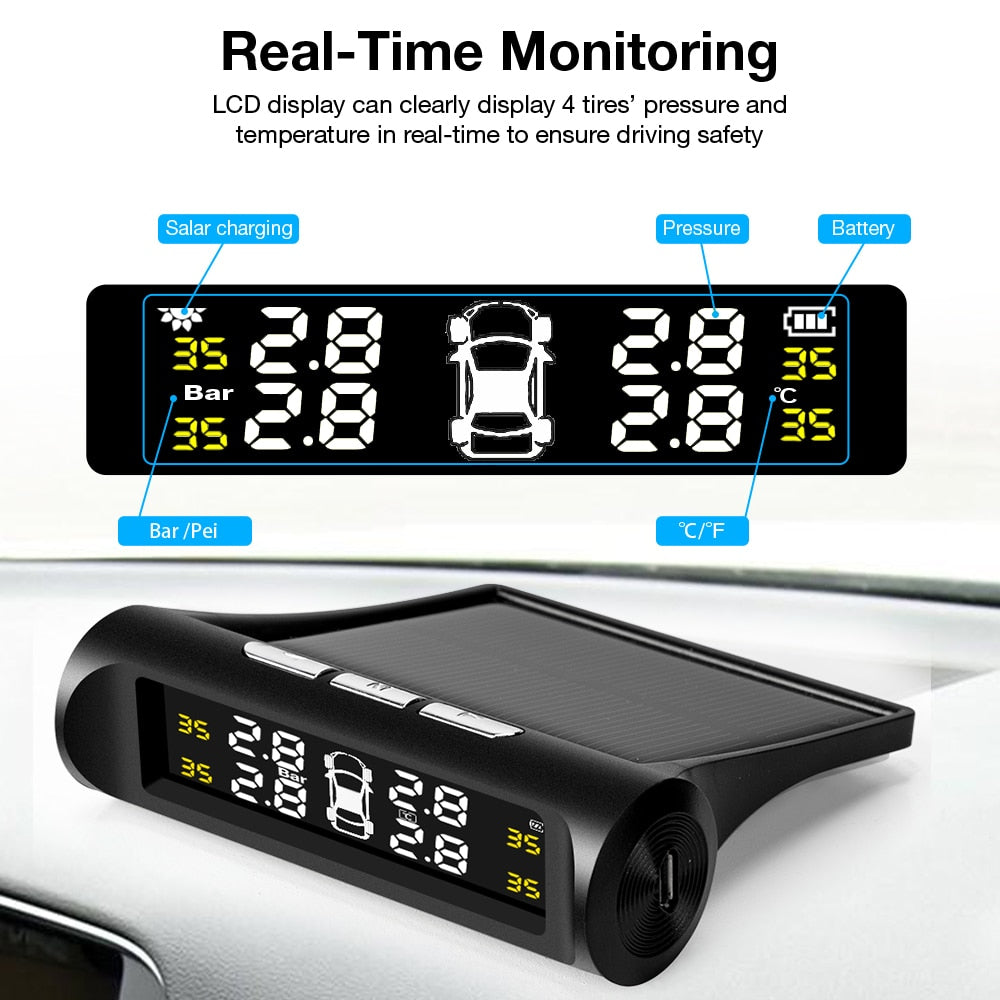 Smart Car TPMS Tire Pressure Monitoring System Solar Power Digital TMPS LCD Display USB Auto Security Alarm Tire Pressure Sensor - V.I.P Digital Presence