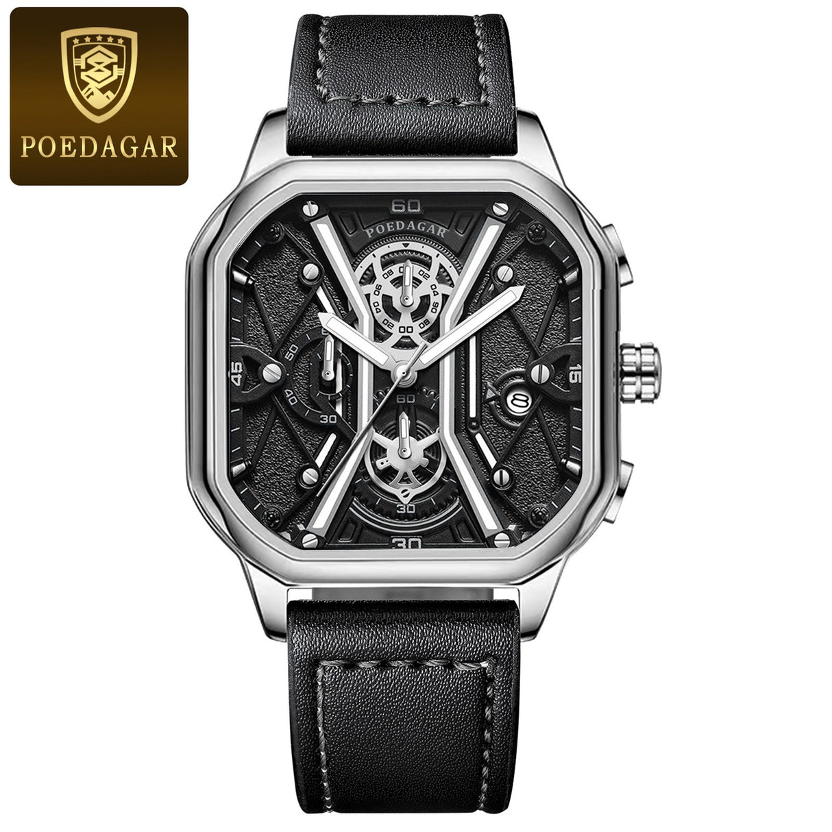 POEDAGAR Fashion Men Luxury Wristwatches Chronograph Luminous Waterproof Date Man Watch Square Dial Leather Quartz Men's Watches - V.I.P Digital Presence